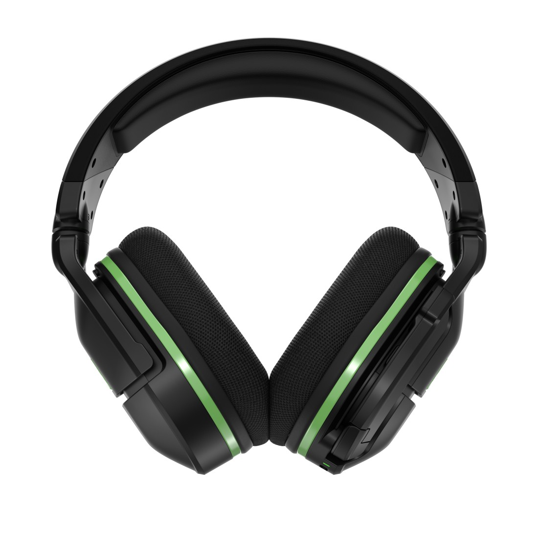 Schwarze und grüne Gaming-Kopfhörer, Draufsicht auf weißem Hintergrund.