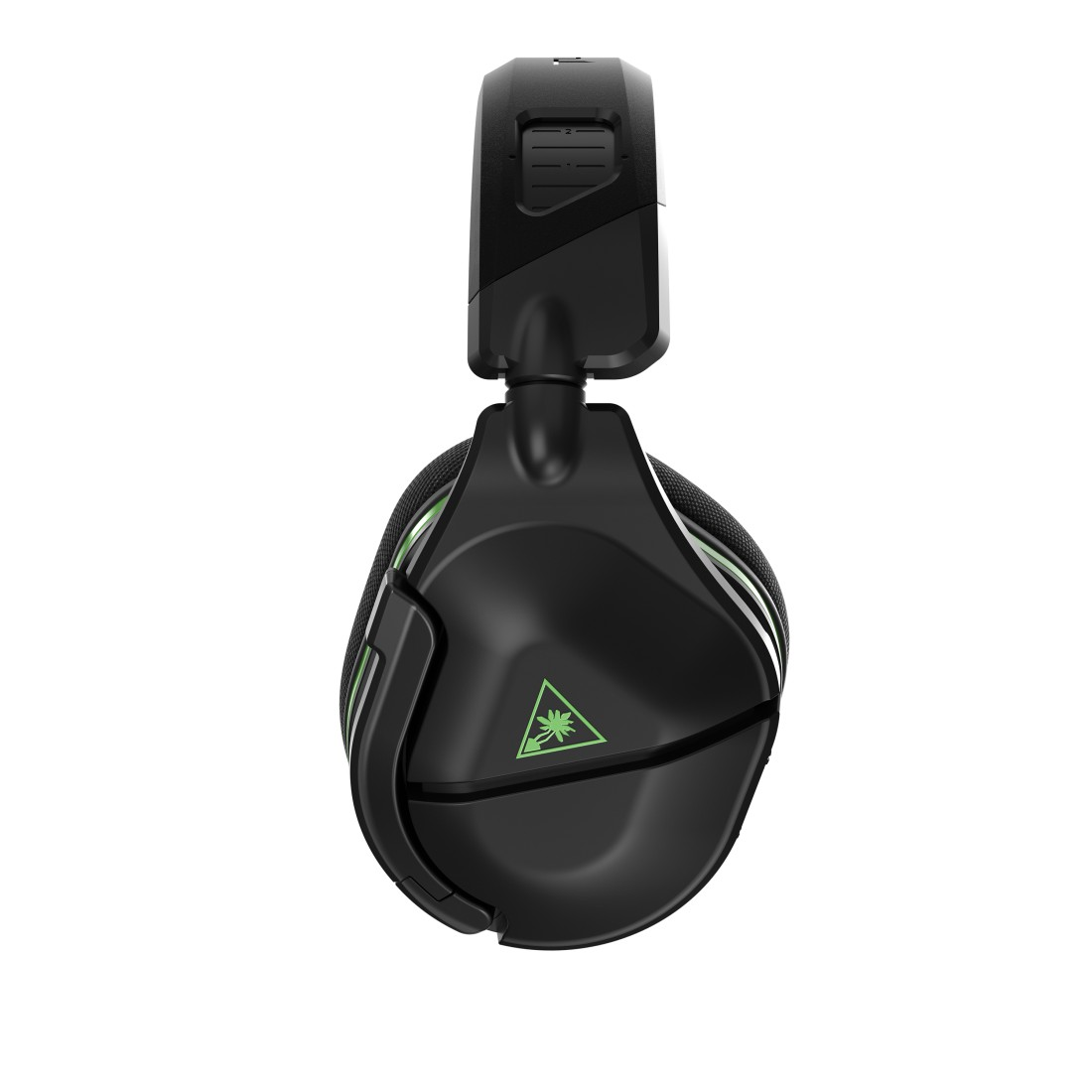 Schwarzes Gaming-Headset mit grünen Akzenten, von oben gesehen.