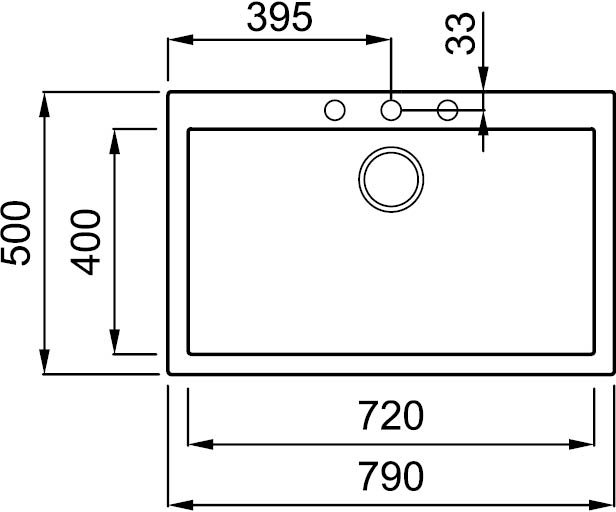 Egy téglalap alakú mosogató diagramja, méretekkel milliméterben. Felülnézet fehér háttér előtt.