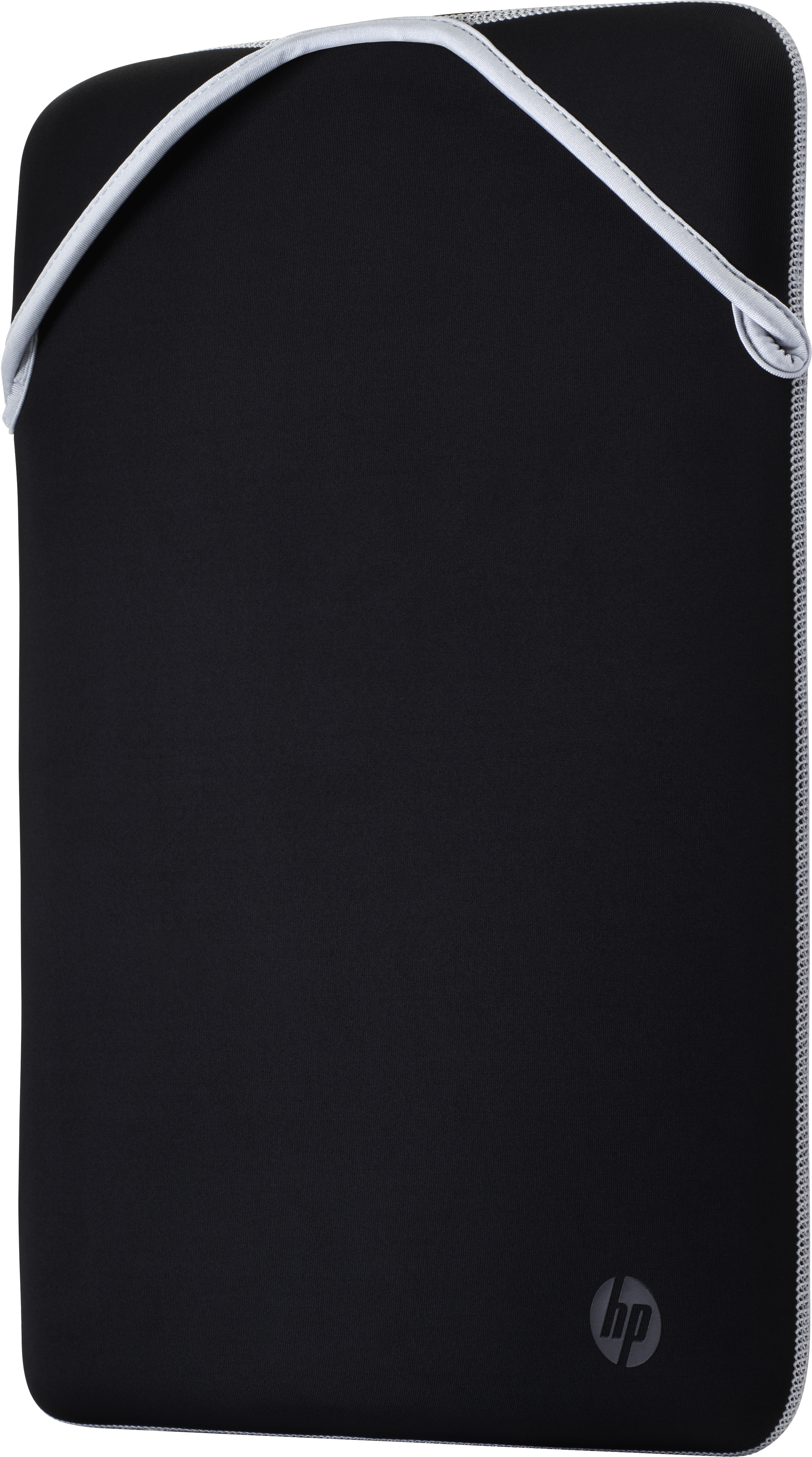 Una funda negra para portátil. El logotipo de HP es visible. Los bordes están cosidos en color claro.