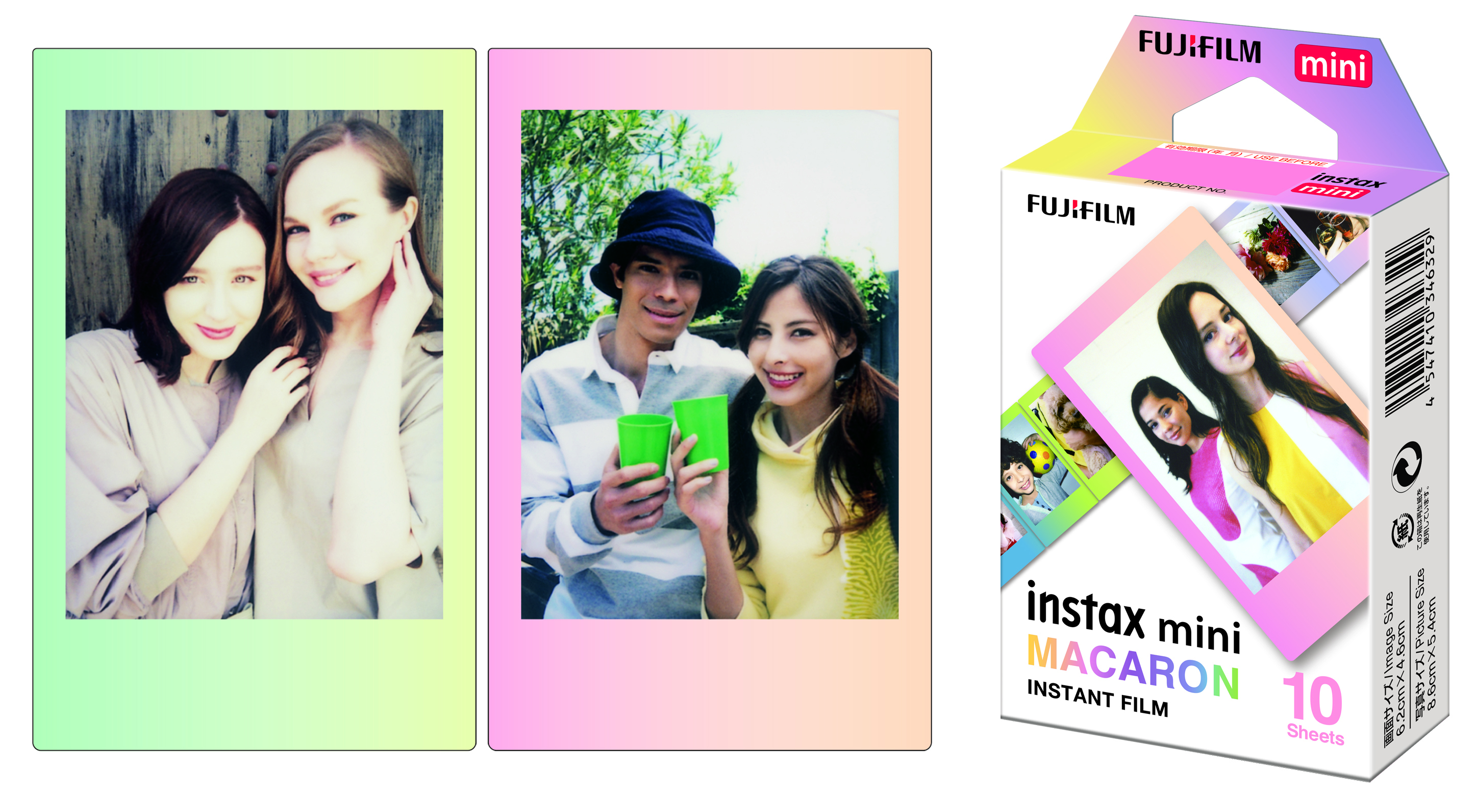 İki Instax mini fotoğraf. Bir kutu Instax mini Macaron film de görülebilir.
