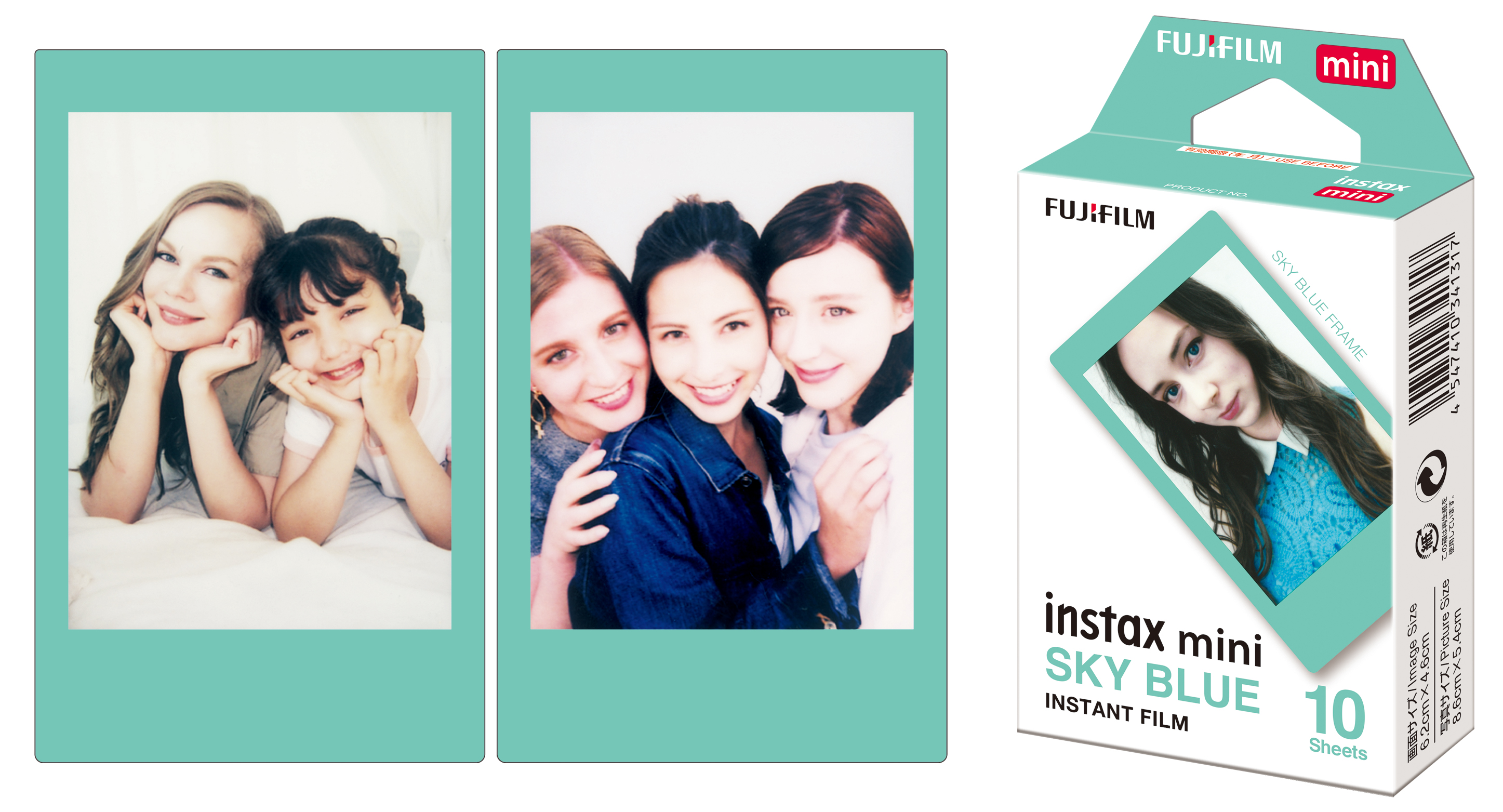 İki anında fotoğraf, gülen insanlarla ve bir kutu Instax Mini Sky Blue film. Film beyaz çerçevelere sahip.