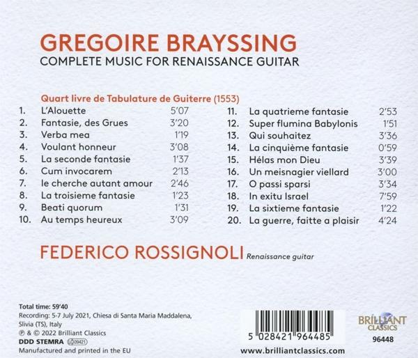 Federico Rossignoli - Brayssing:Complete Music For Renaissance Guitar  - (CD)