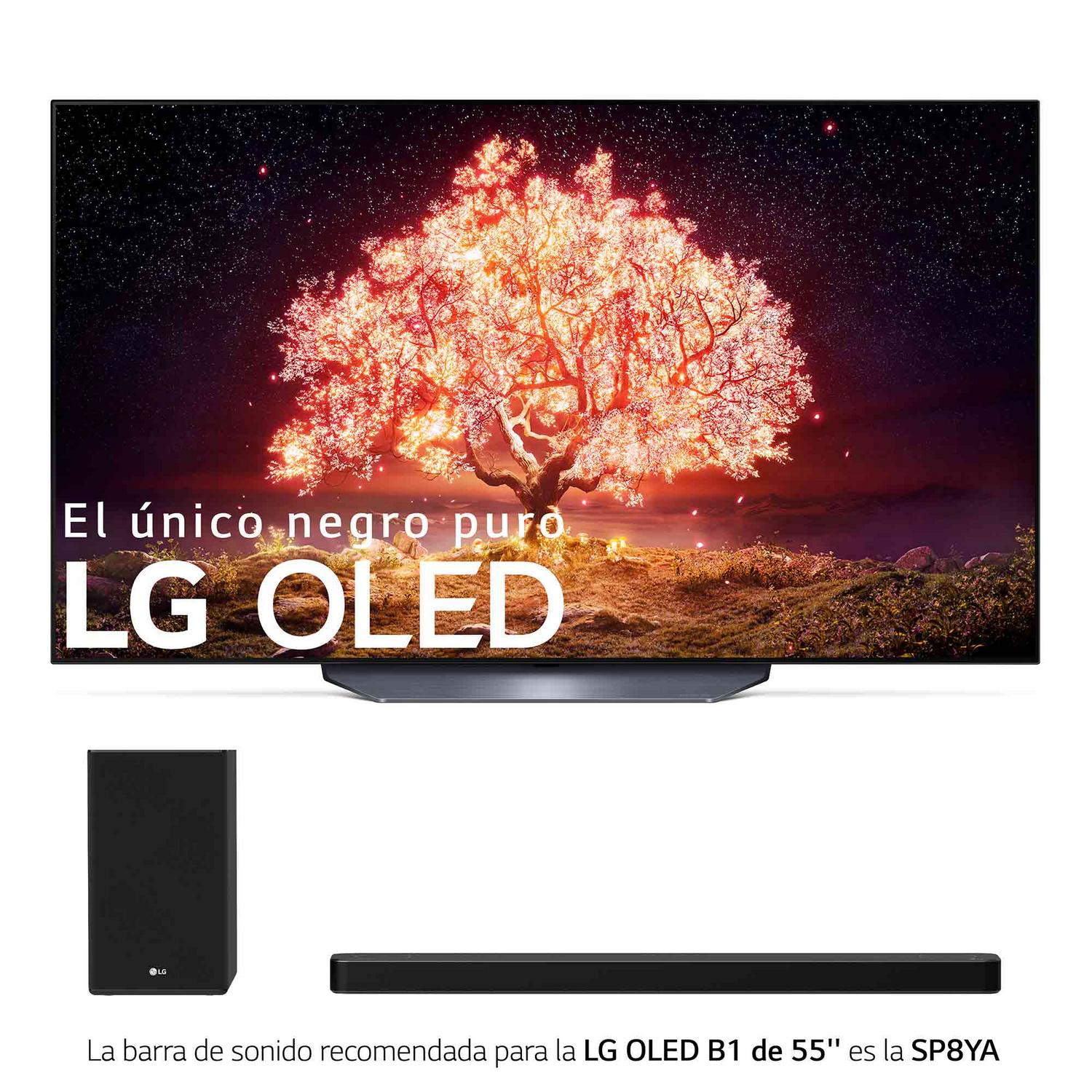 Un televisor LG OLED, una barra de sonido y un subwoofer. El televisor muestra un árbol rojo y naranja.