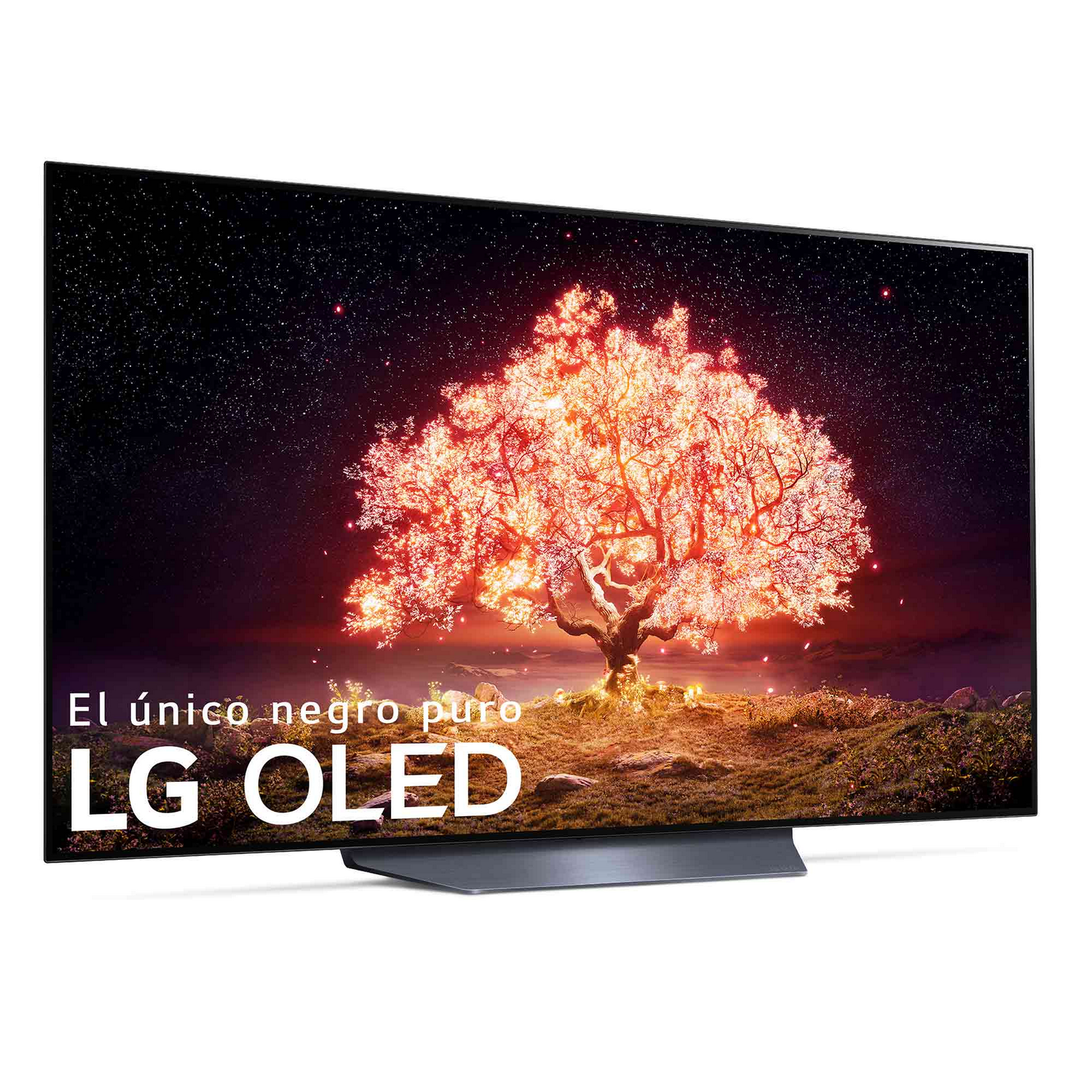 Un televisor LG OLED muestra un árbol vibrante sobre un fondo oscuro estrellado. La pantalla es elegante.
