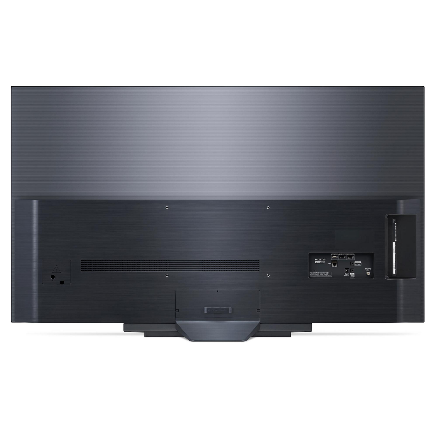 Parte trasera de un televisor negro. Muestra puertos y conexiones en la parte inferior y un soporte.