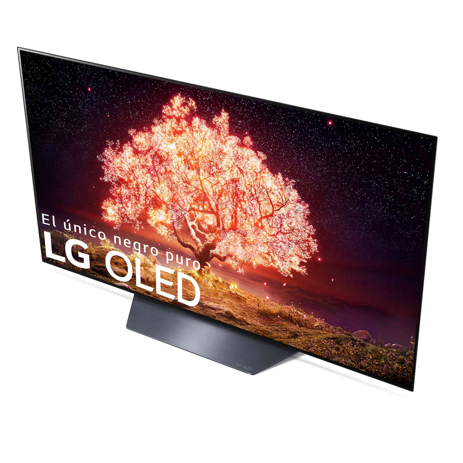 Gran televisor OLED que muestra una escena vibrante de un árbol contra un cielo estrellado.