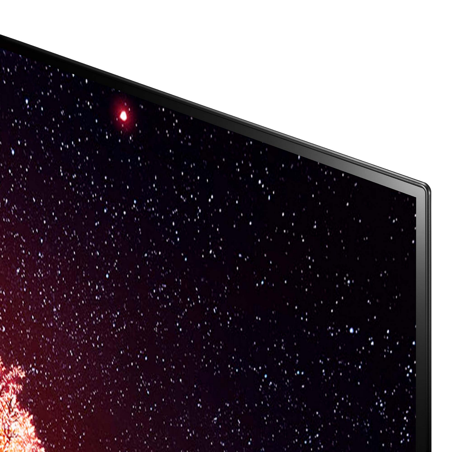 Primer plano de una pantalla de TV que muestra un cielo estrellado con explosiones de luz roja y blanca.