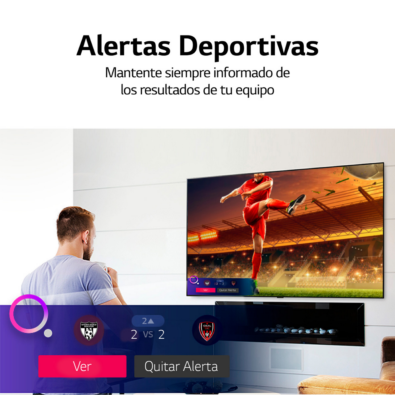 Hombre viendo la televisión con un partido de fútbol, aparecen alertas deportivas en la pantalla.