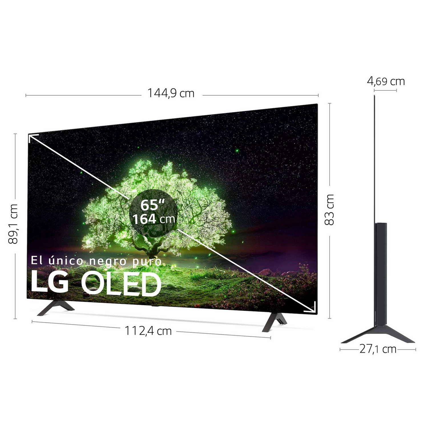 Televisor LG OLED grande que muestra una escena de noche estrellada. Se muestran las dimensiones.