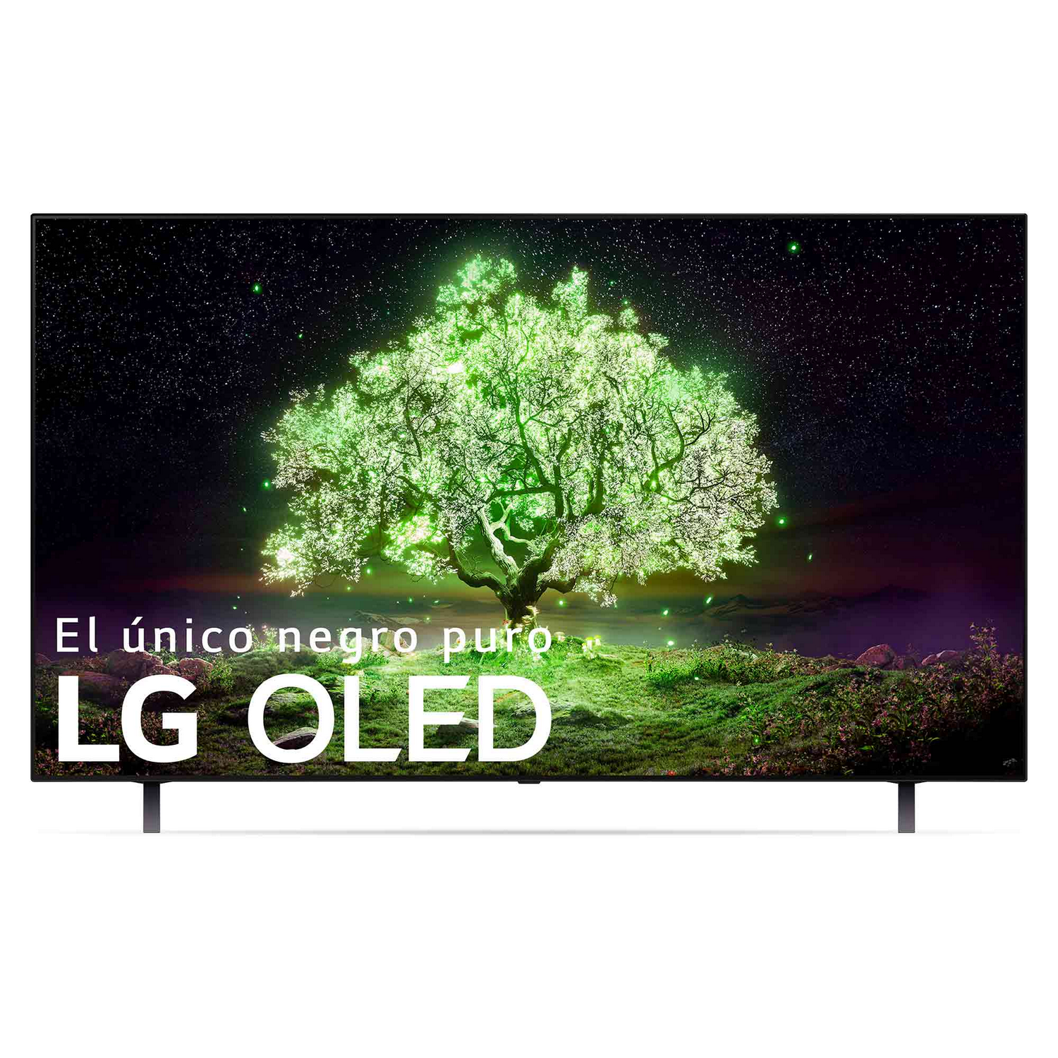 El televisor LG OLED muestra una imagen en forma de árbol. El texto dice 'El único negro puro' y 'LG OLED'.