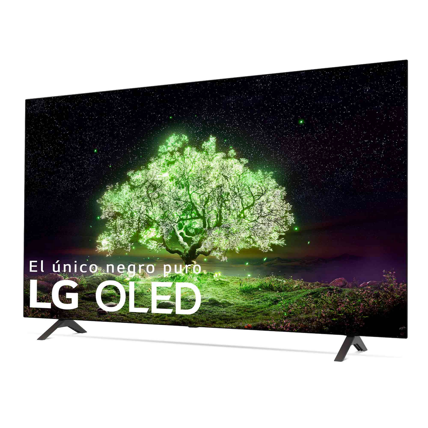 El televisor LG OLED muestra un árbol verde sobre un fondo oscuro con cielo estrellado. El texto dice 'LG OLED'.