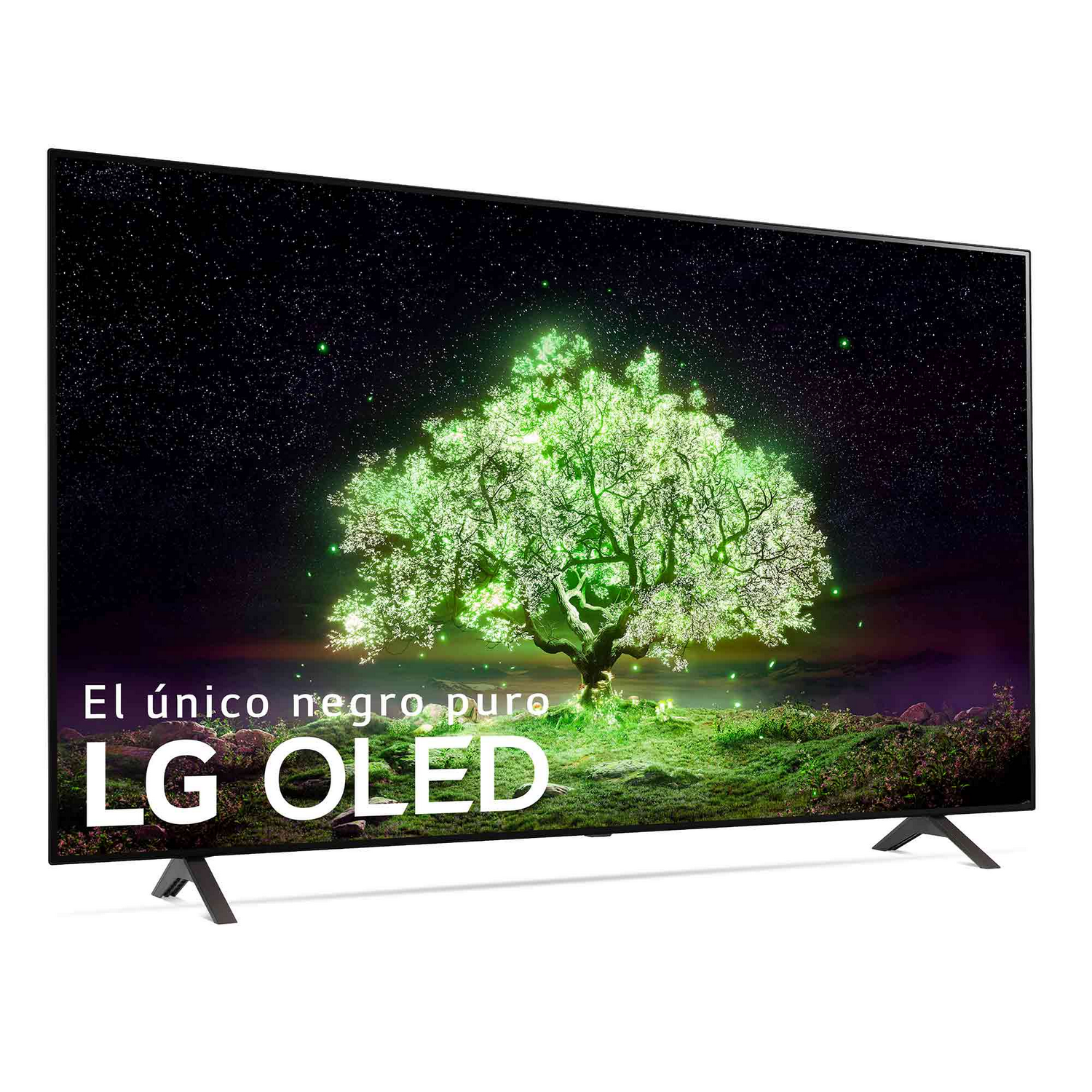 TV LG OLED mostrando un árbol con hojas verdes brillantes contra un cielo nocturno estrellado.