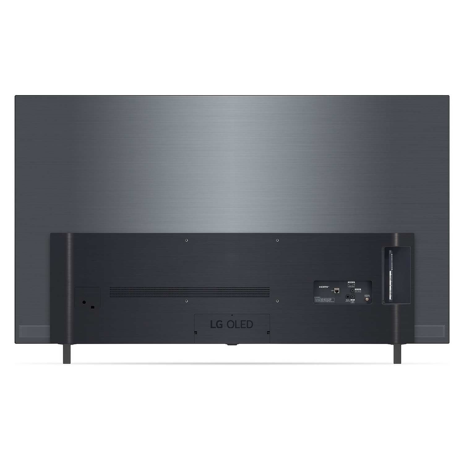 Parte trasera de un televisor LG OLED negro con panel trasero plateado, patas negras y varios puertos.