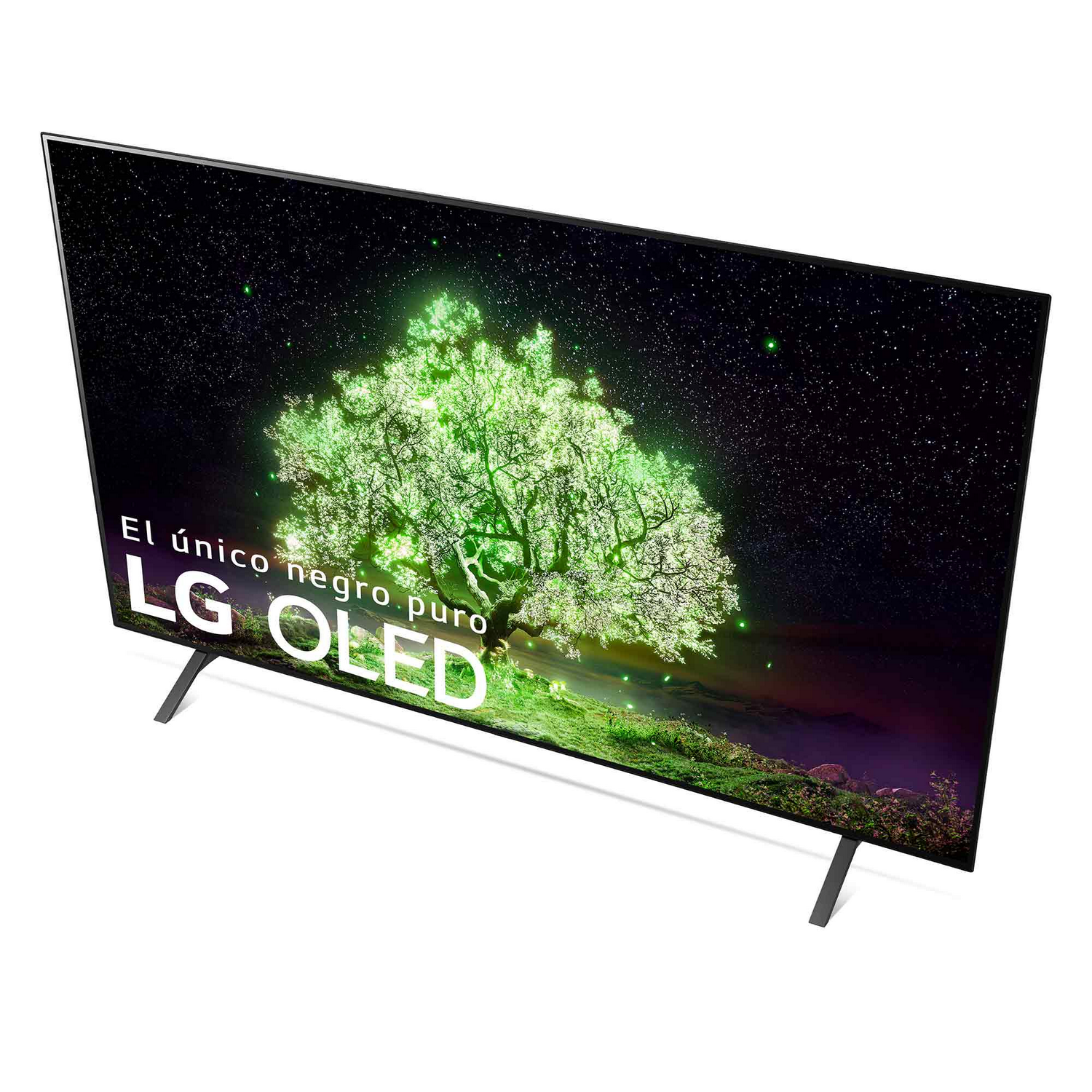 TV LG OLED mostrando un árbol verde con un fondo de noche estrellada. Soporte negro, aislado.