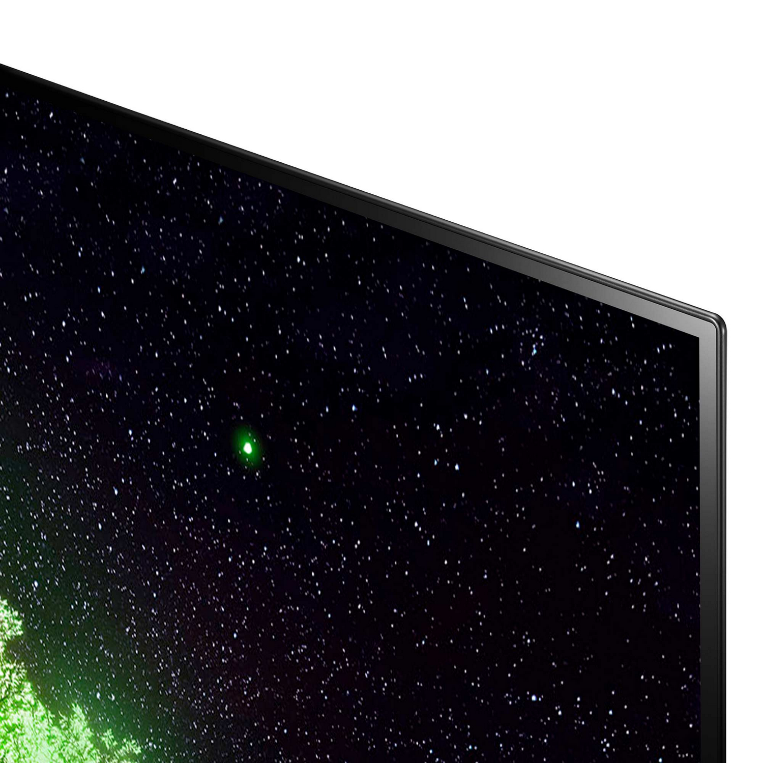 Primer plano de una pantalla de TV mostrando un campo estelar con luz verde.