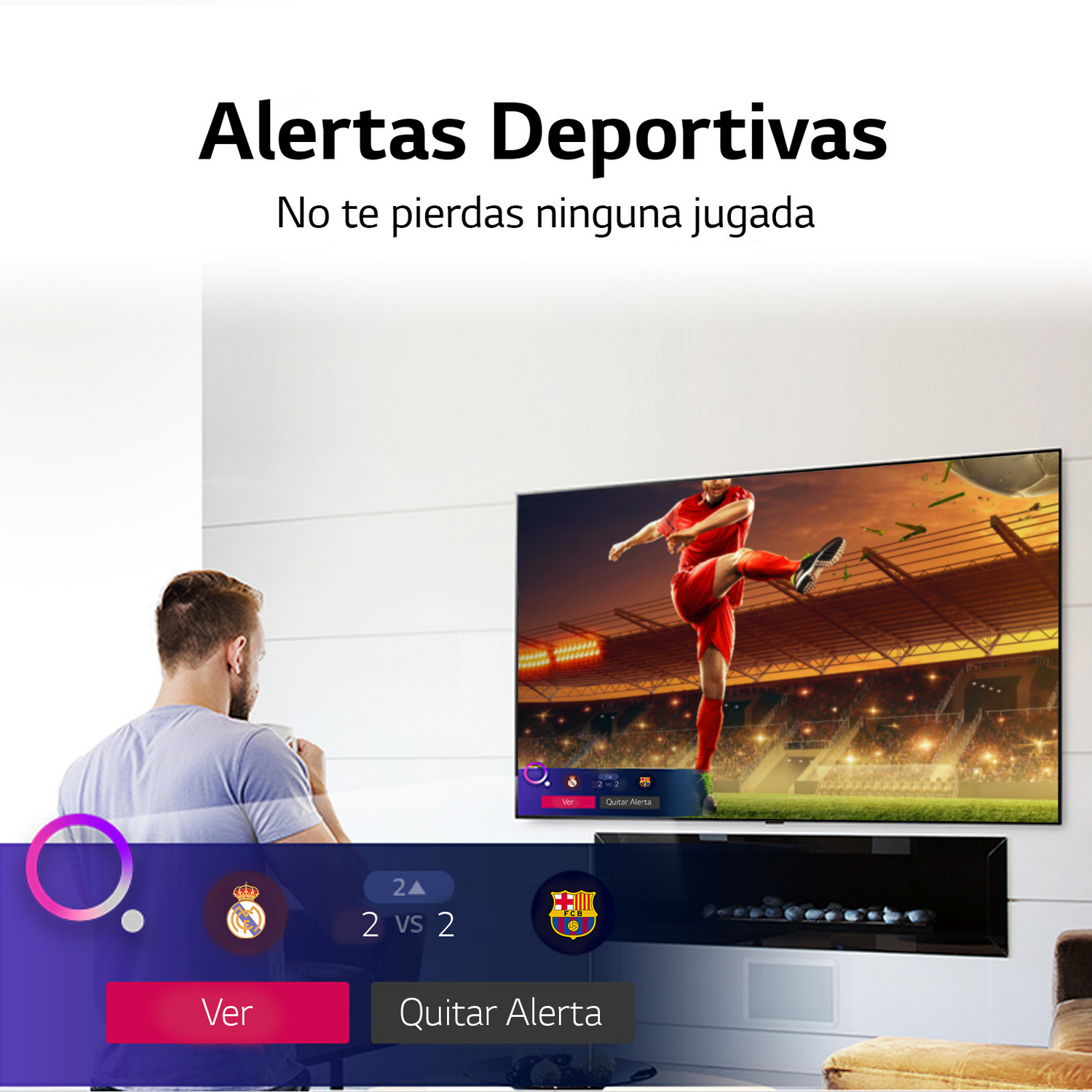 Un hombre ve la televisión con un partido de fútbol, con dos marcadores y botones.
