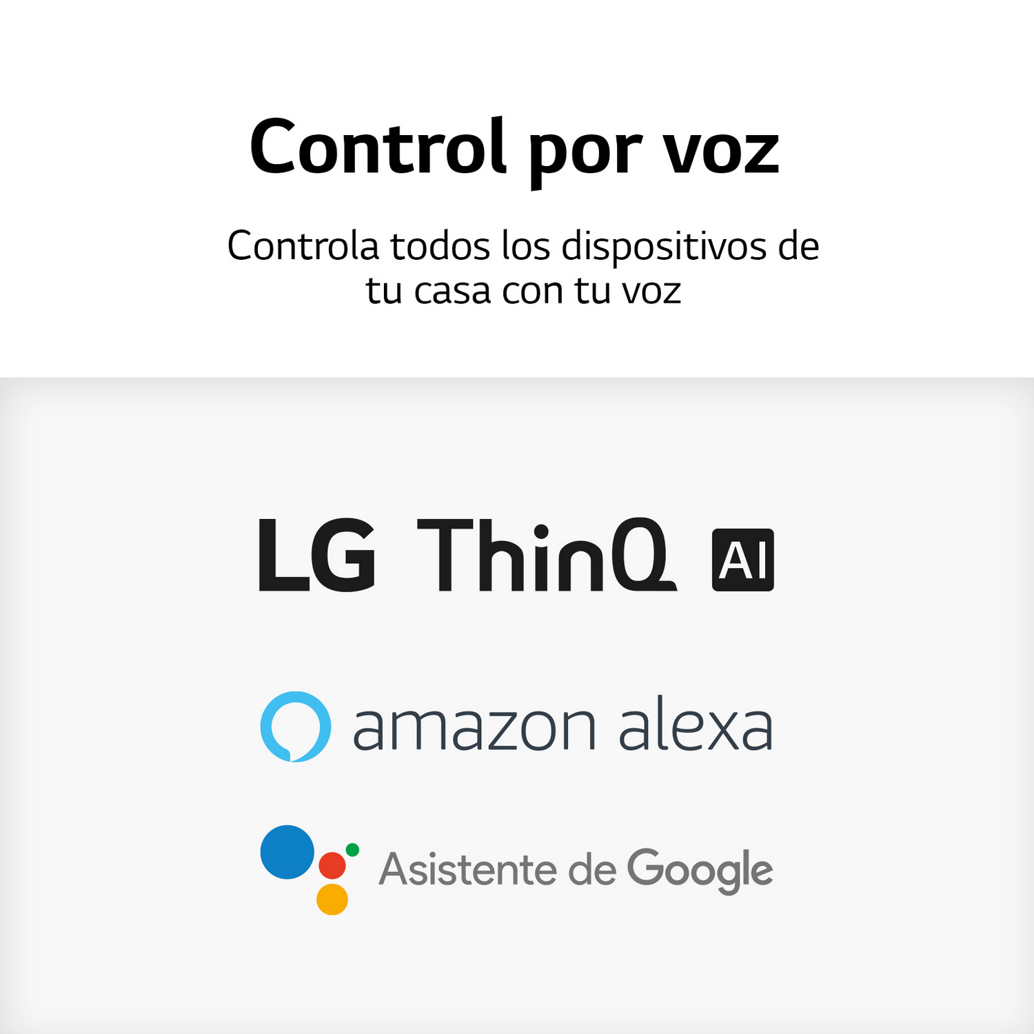 Texto: Control por voz. Controla todos los dispositivos de tu casa con tu voz. LG ThinQ AI, Alexa, Asistente de Google.