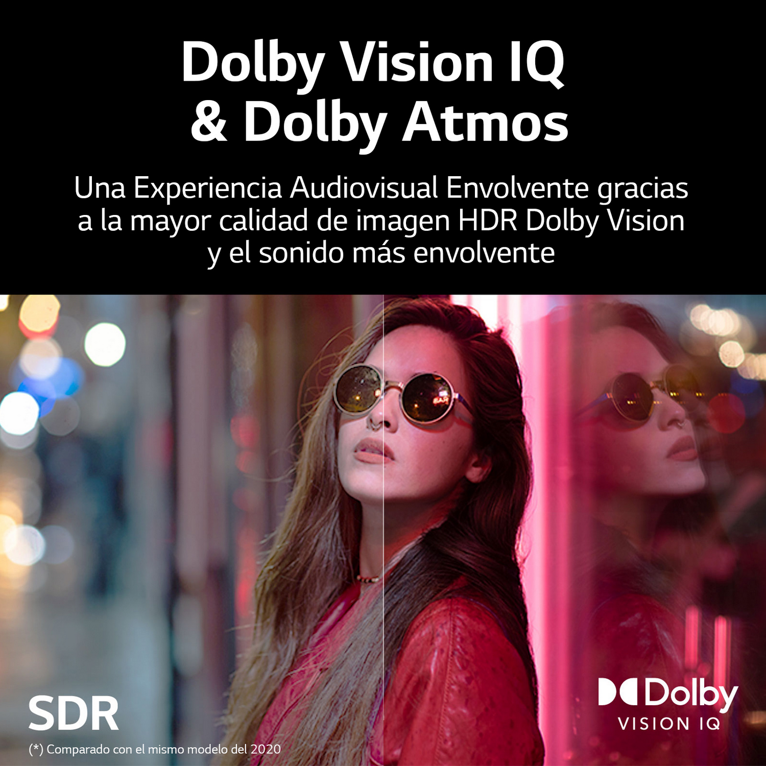 Mujer con gafas de sol, pantalla dividida mostrando diferentes calidades de imagen, con texto sobre Dolby Vision.