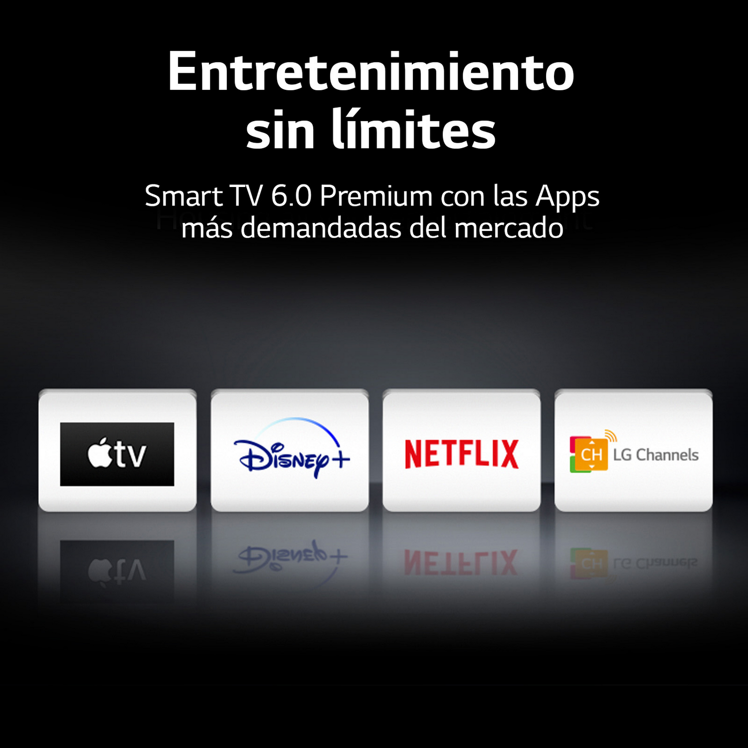 La pantalla del televisor muestra iconos de Apple TV, Disney+, Netflix y LG Channels. Texto blanco sobre fondo oscuro.