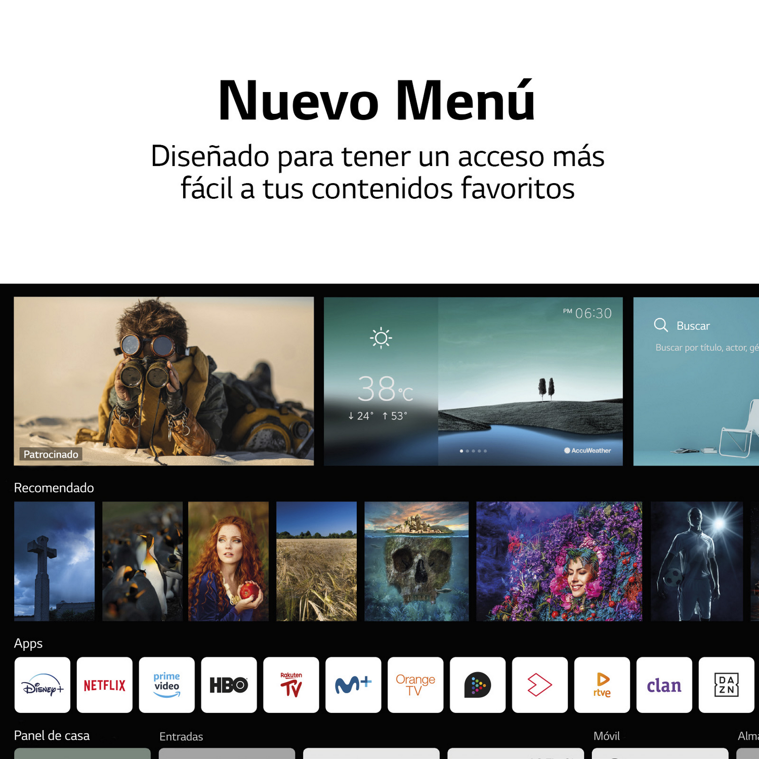 Pantalla de TV con interfaz mostrando contenido recomendado, apps y menús.
