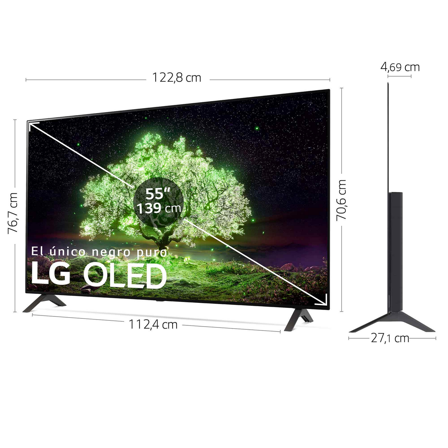 Televisor LG OLED grande con dimensiones mostradas sobre fondo blanco.