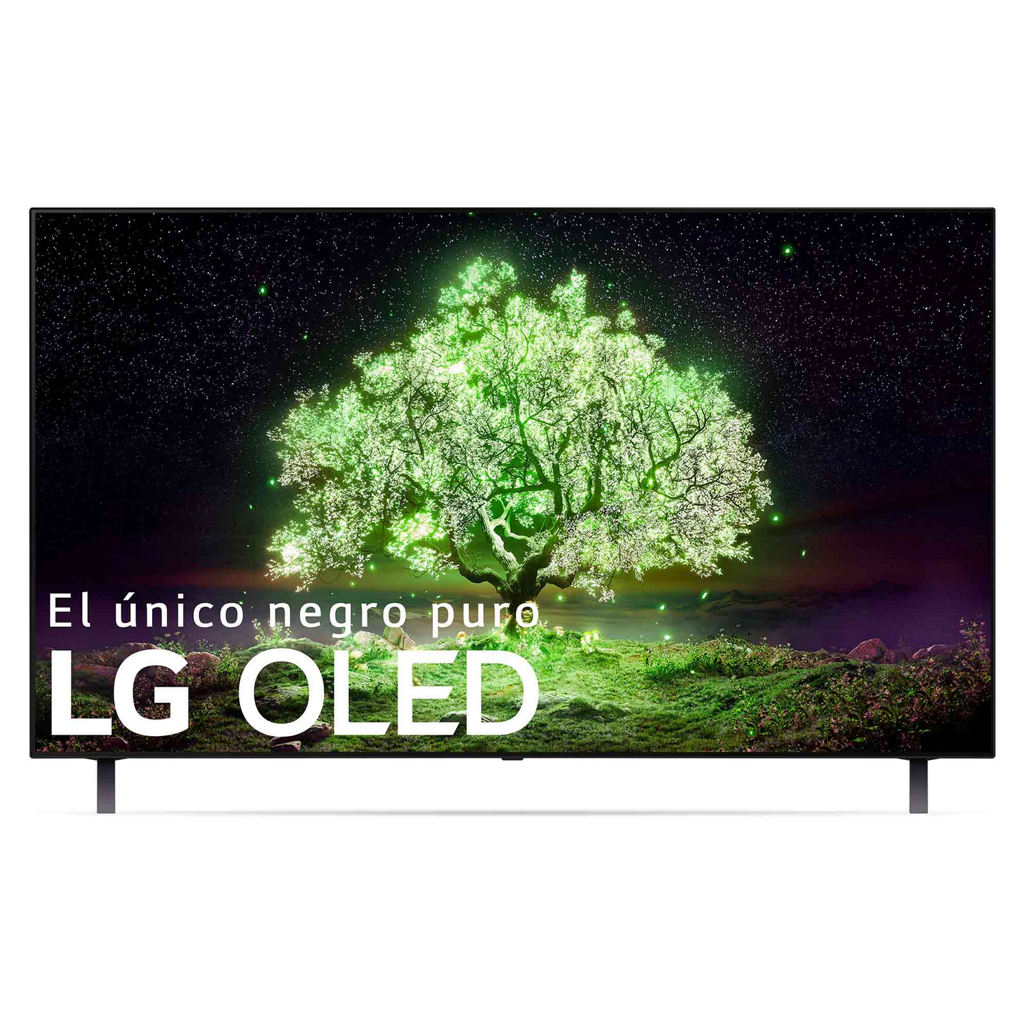 TV LG OLED mostrando un árbol verde en fondo estrellado.