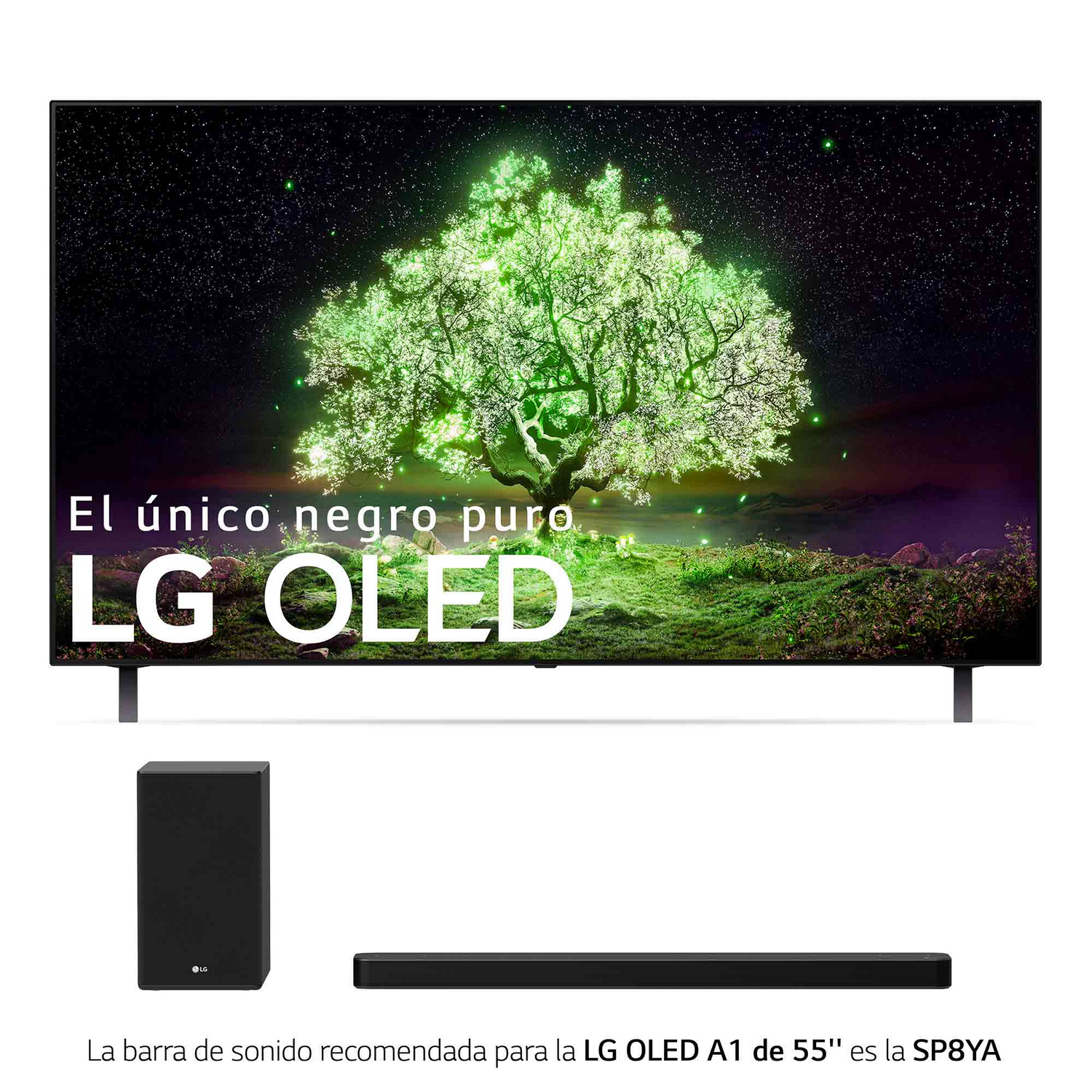 TV LG OLED con imagen de árbol verde en pantalla, con barra de sonido y subwoofer.