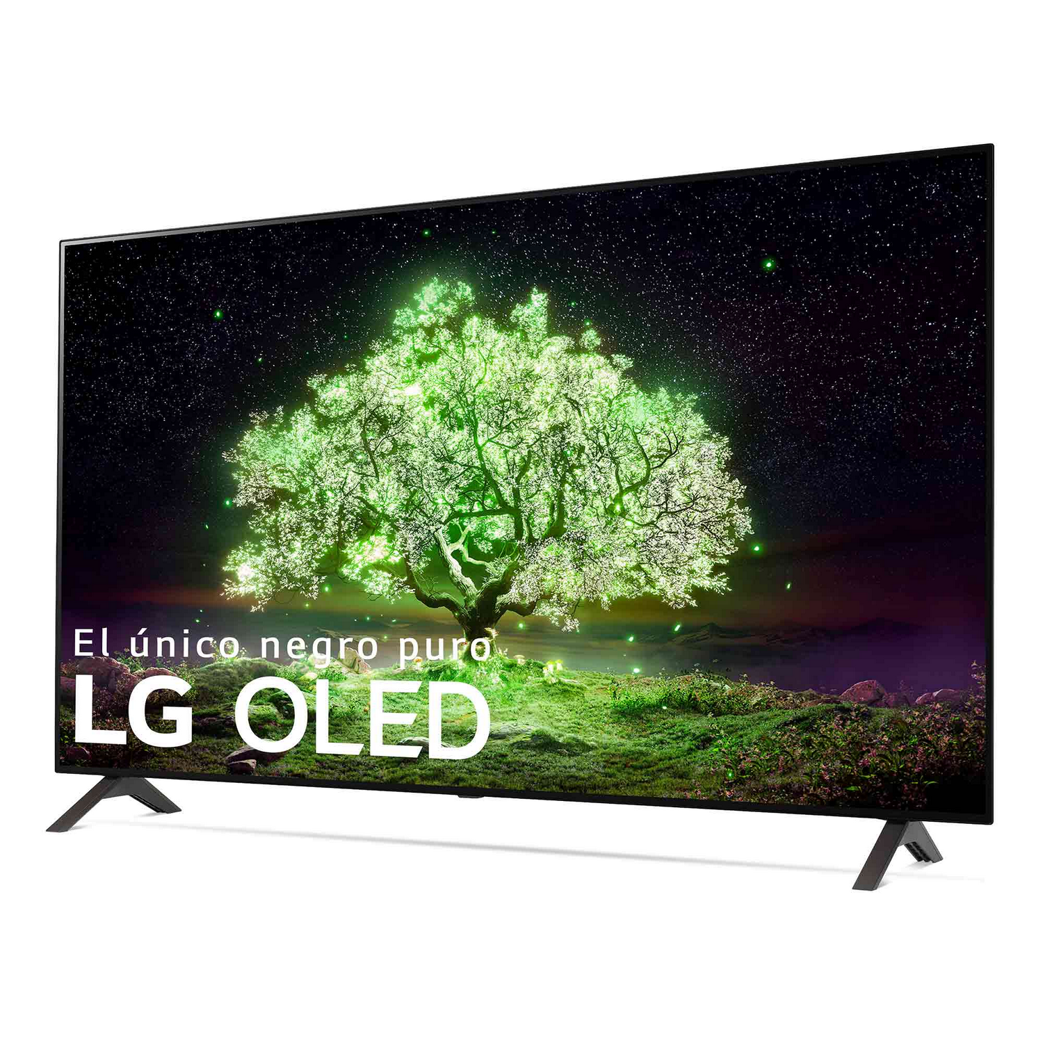 Un televisor grande con una imagen de un árbol verde en medio de un espacio oscuro.