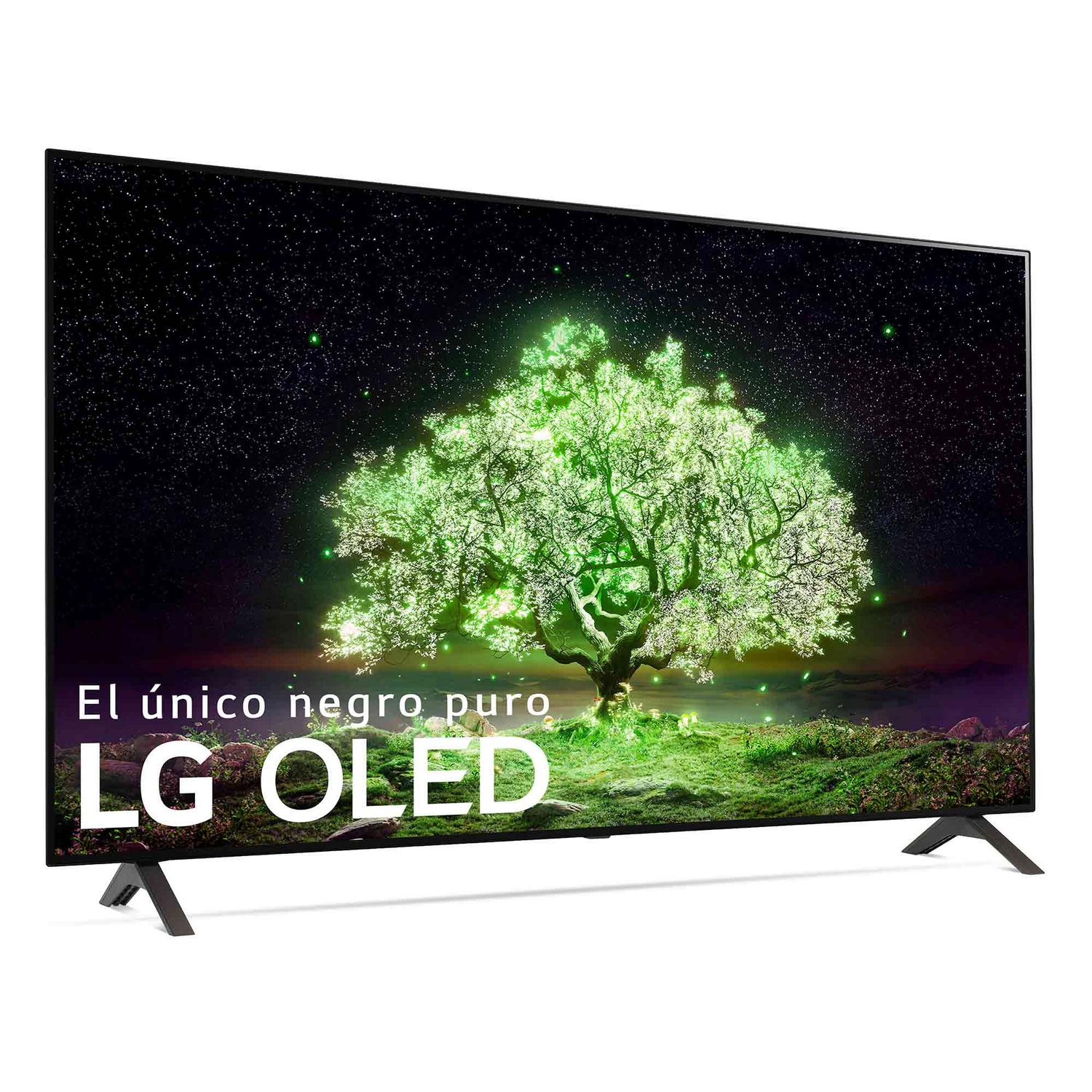 TV LG OLED mostrando un árbol verde con un fondo de noche estrellada. Soporte negro, aislado.