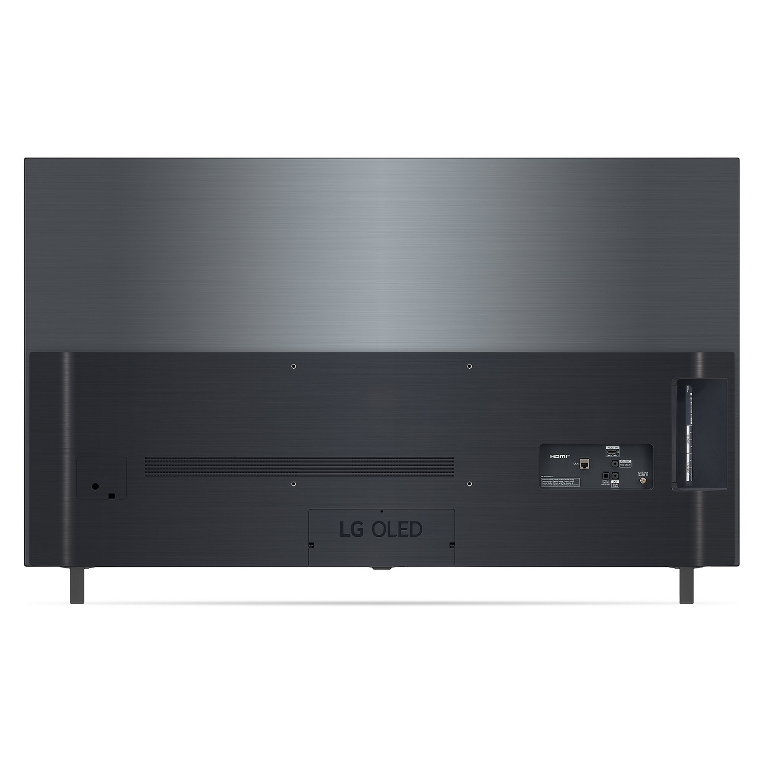 Parte trasera de un televisor con puertos y conexiones etiquetadas. Logotipo de LG OLED en la parte inferior, negro y gris.