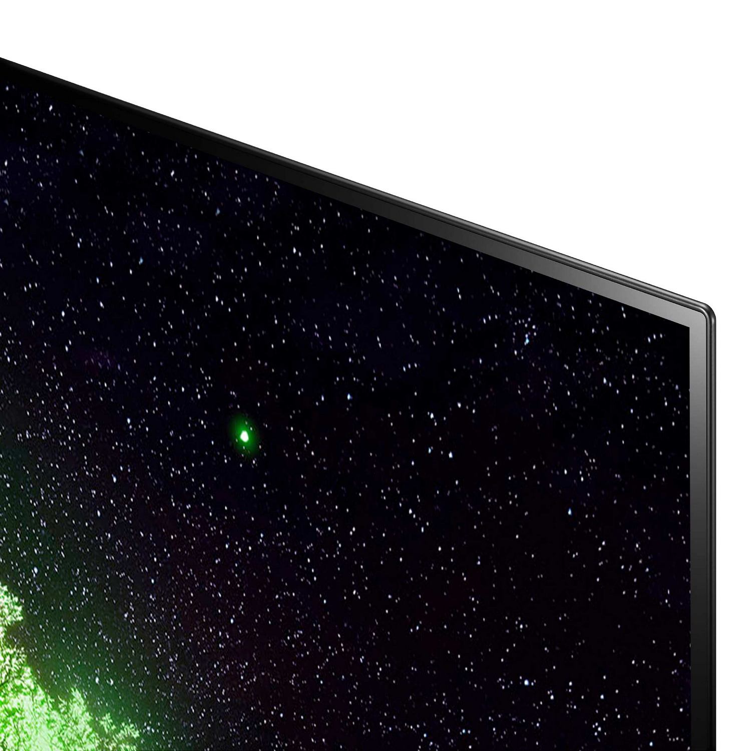 Primer plano de una pantalla de TV que muestra un cielo nocturno estrellado con luz verde.
