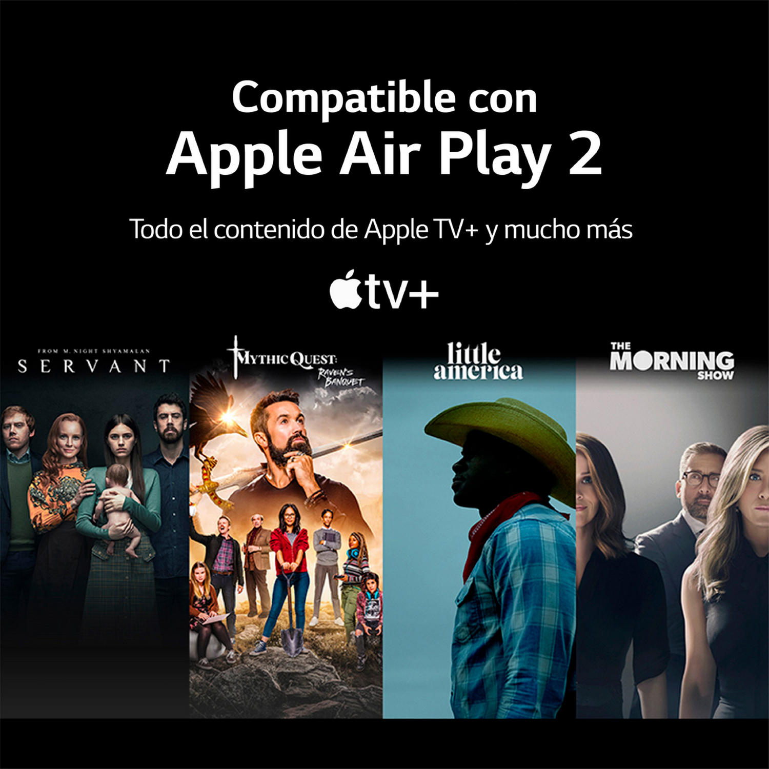 Apple TV+ y títulos de películas. Texto: Compatible con Apple AirPlay 2. Logotipo de TV+ y carteles de películas.