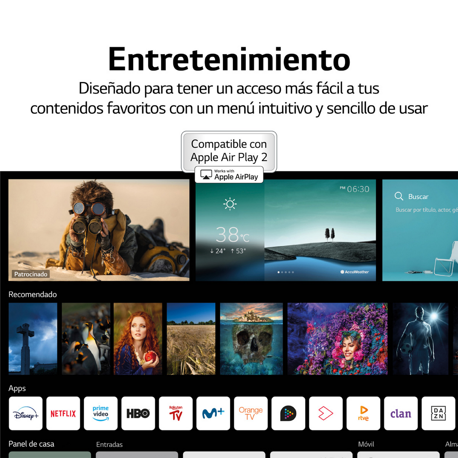 Pantalla de TV con interfaz española e iconos de aplicaciones como Netflix, HBO y Prime Video.