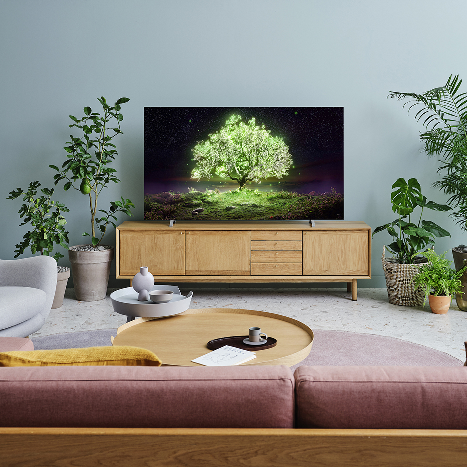Una escena de sala de estar con un televisor, plantas, un sofá y una mesa de centro.