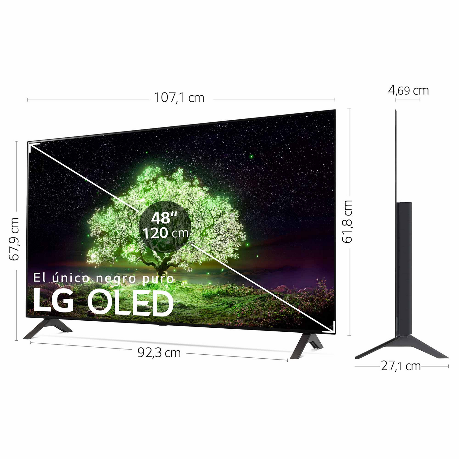 TV LG OLED con dimensiones. Marco y soporte negros. Fondo blanco.