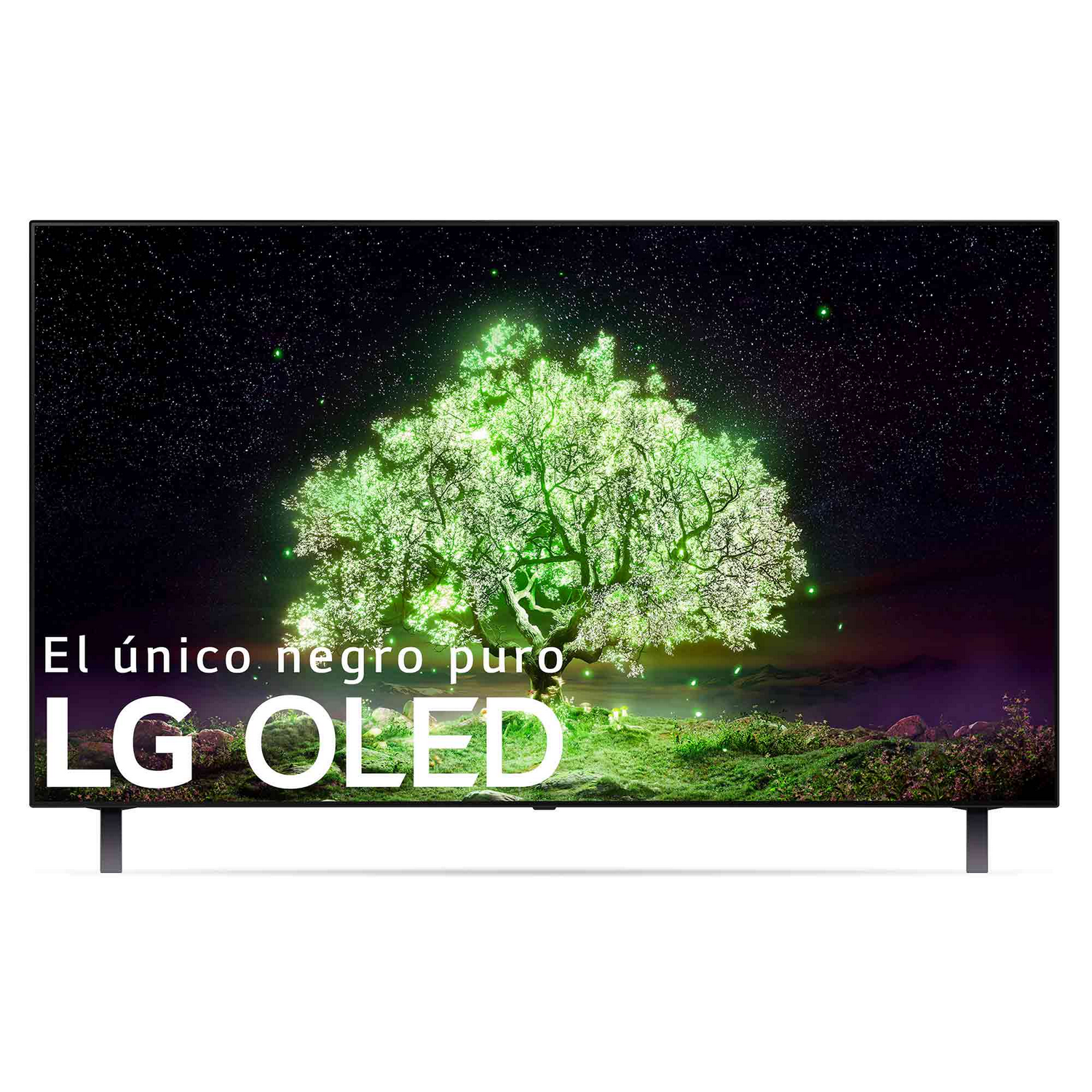 TV LG OLED. Imagen de árbol verde en un cielo estrellado. Texto abajo.