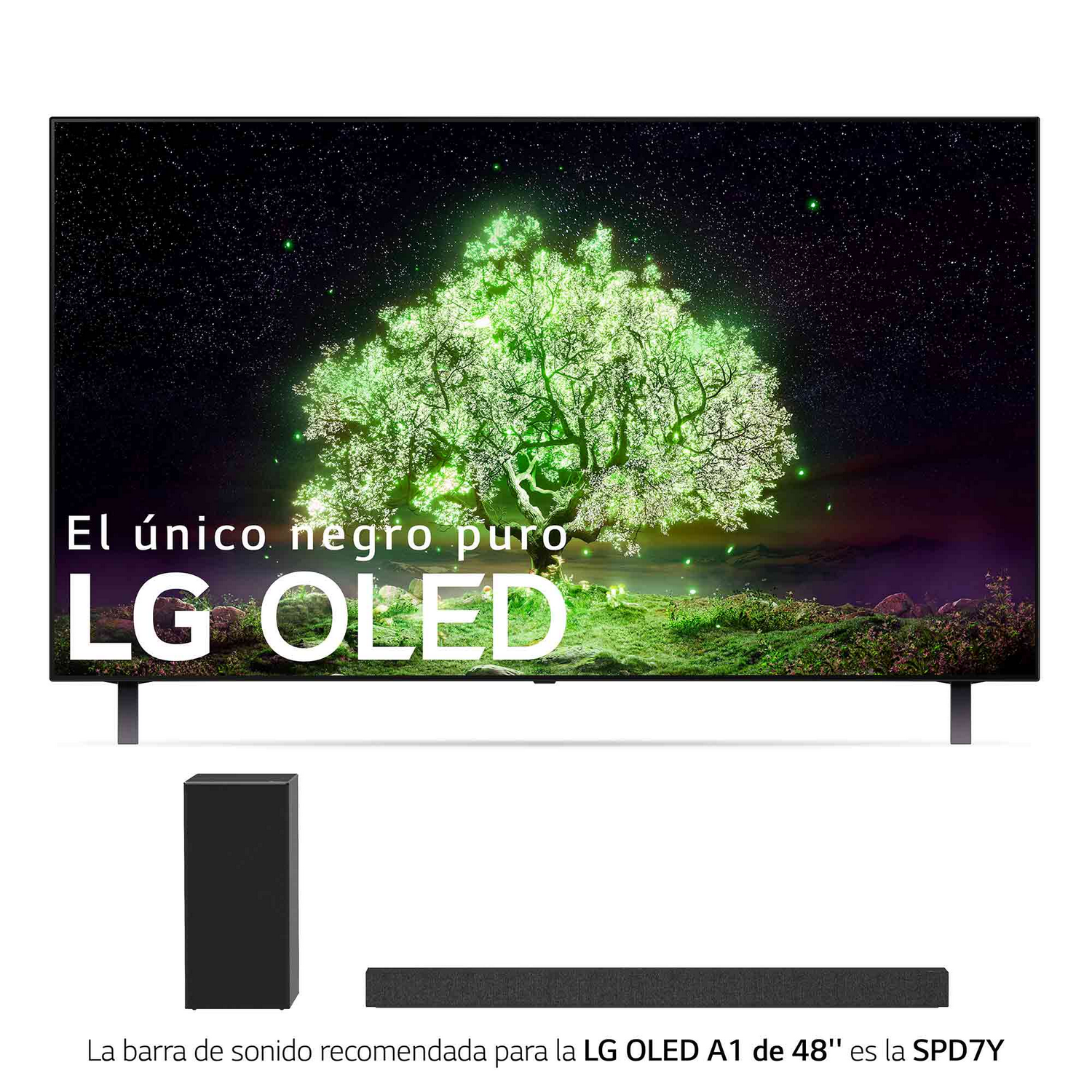 LG OLED TV con imagen de árbol, barra de sonido y subwoofer. Texto: 'El único negro puro' y 'LG OLED'.
