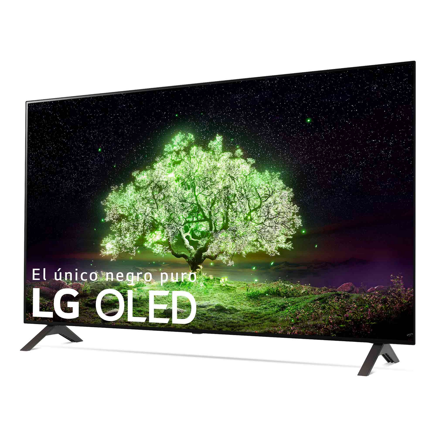 TV LG OLED mostrando un árbol verde en una escena nocturna estrellada, con el logo de LG.