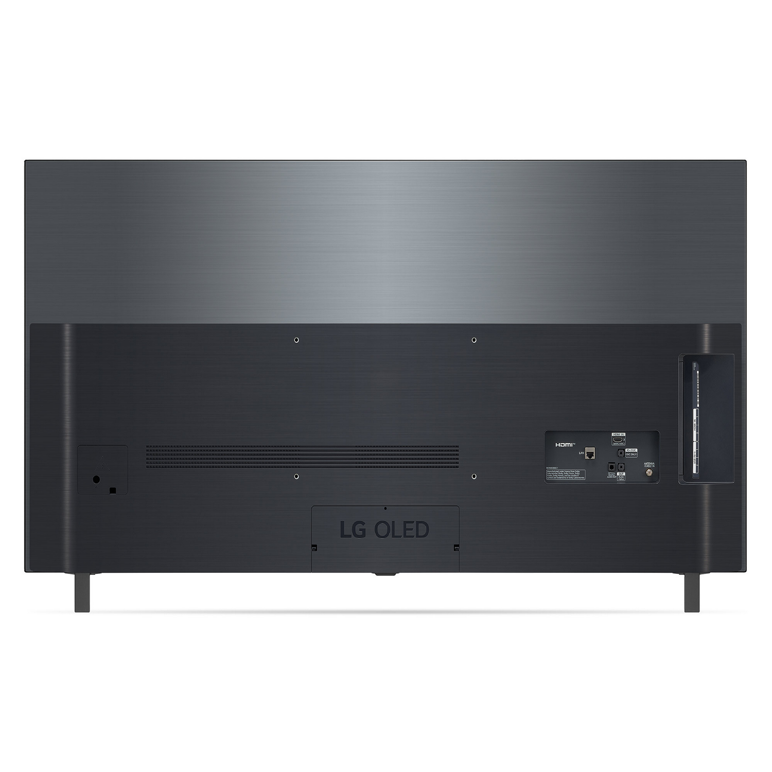 Parte trasera de un televisor LG OLED negro con puertos y el logotipo de la marca.