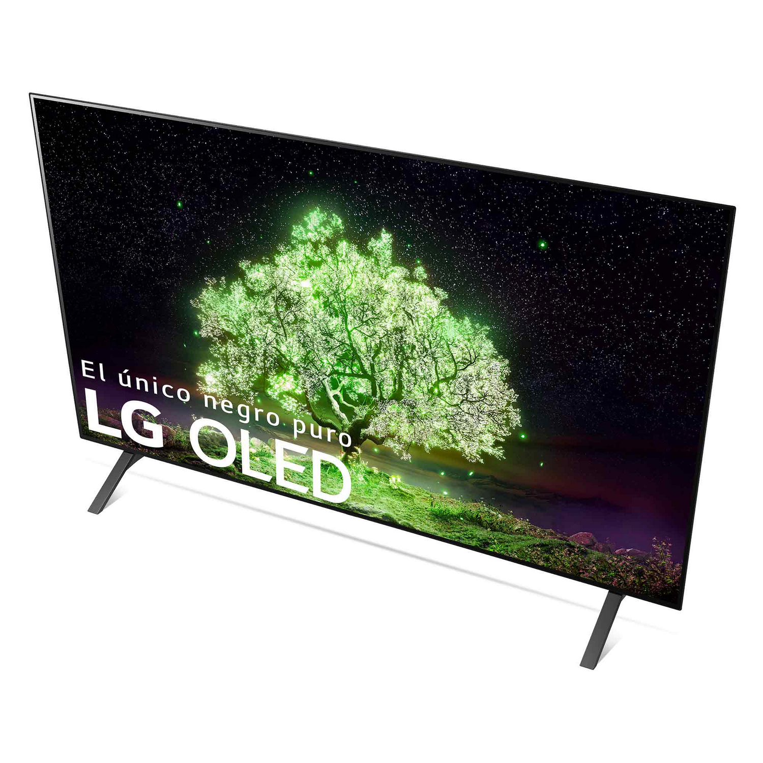 Un televisor LG OLED mostrando un árbol de luces verdes contra un cielo estrellado.