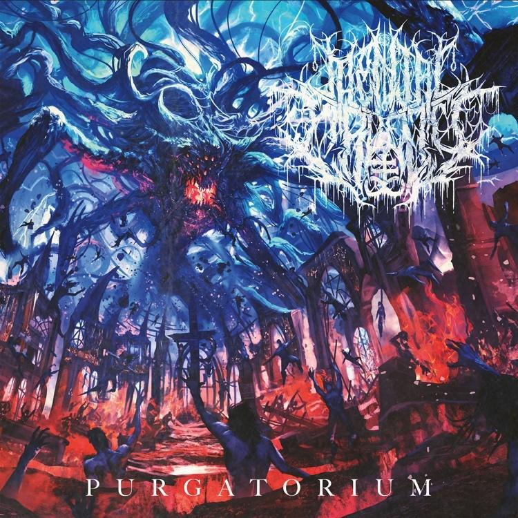 Albumcover mit einer monströsen Figur in einem blauen Inferno, Titel: Purgatorium.