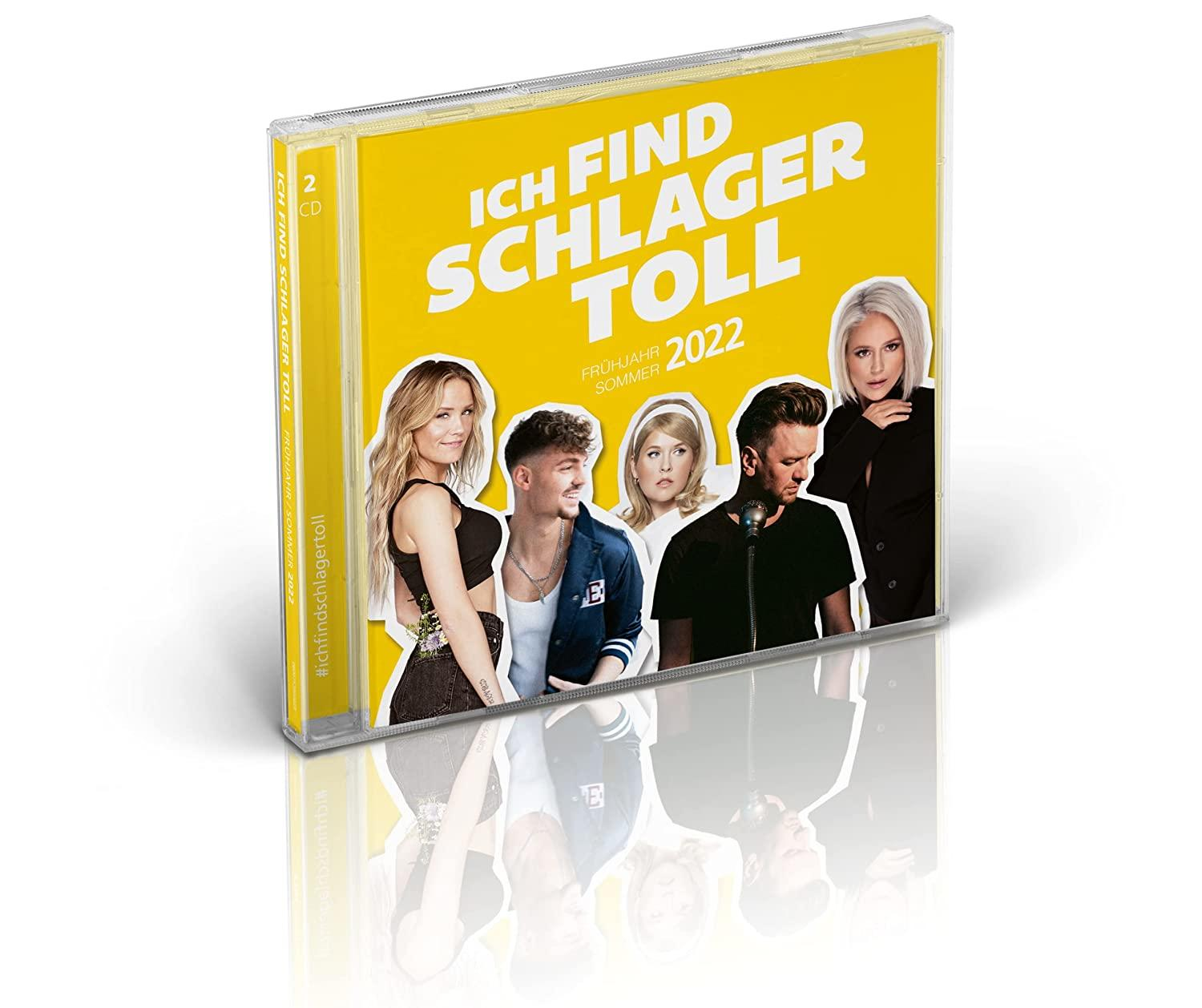 Ein CD-Albumcover. Es steht 'Ich find schlager toll' auf gelbem Hintergrund. Es gibt Gesichter.