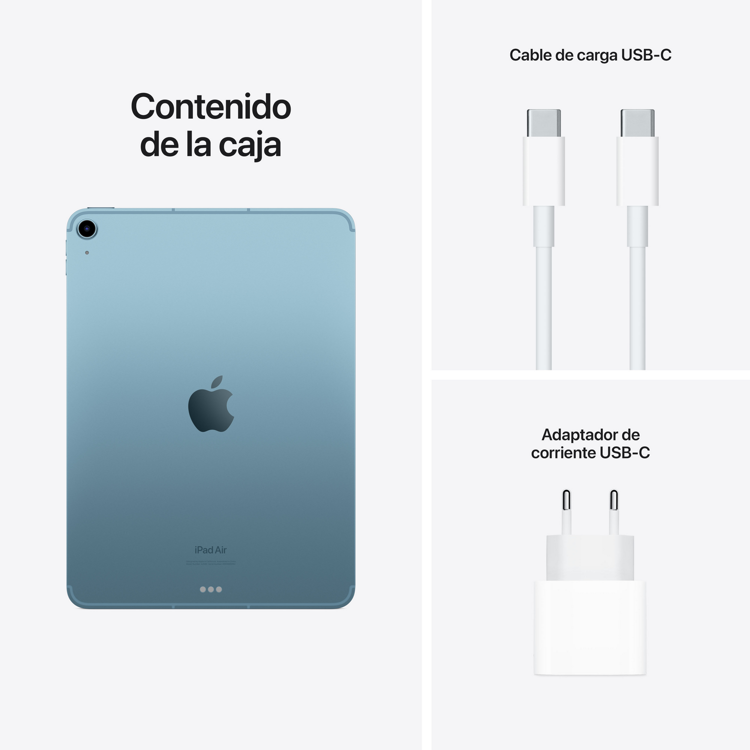 Un iPad Air con un cable y un cargador. El iPad es azul, el cable y el cargador son blancos.