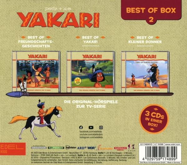 Rückseite der Yakari DVD-Box mit drei CDs, Zeichentrickfiguren.