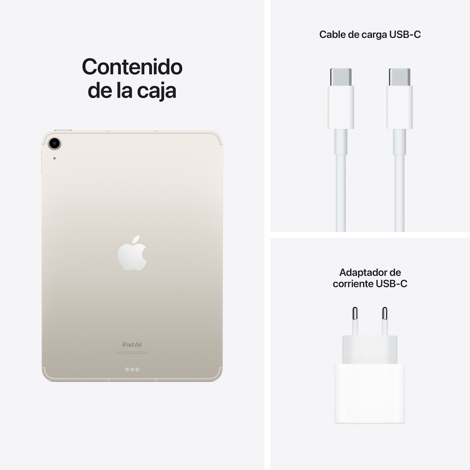 iPad Air con cable y adaptador de carga USB-C. Fondo blanco. Se muestra el contenido de la caja.