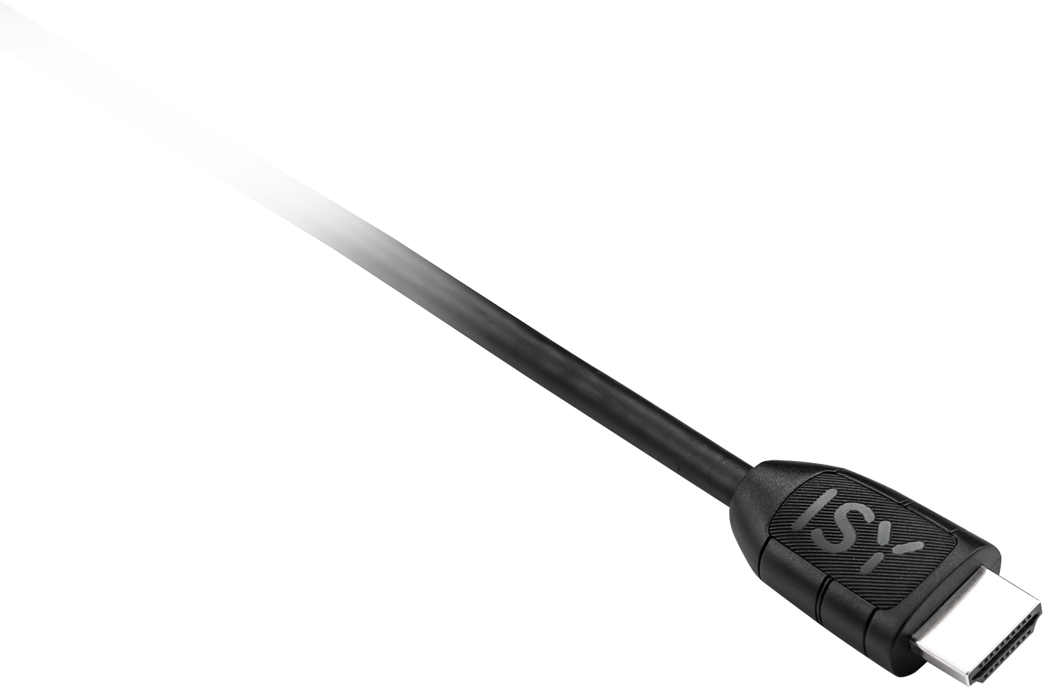 A black ISY HDMI cable on a black background is diagonally placed.