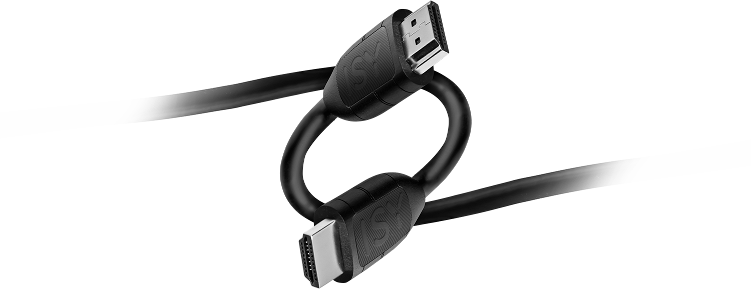 Two black HDMI cables intertwined, connectors visible.