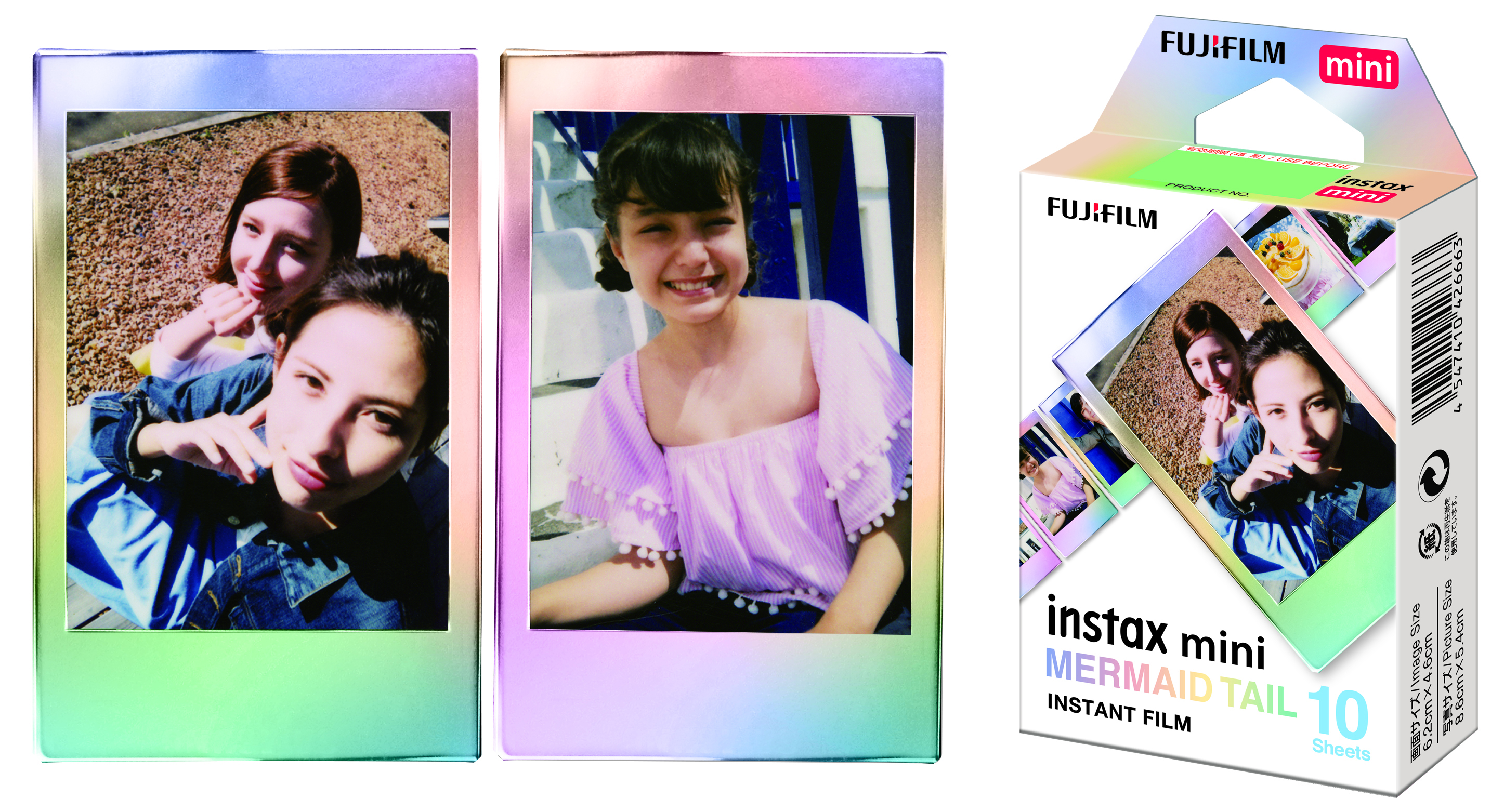 İki kız ve beyaz arka plan üzerinde bir kutu Instax mini film ile iki Instax fotoğrafı.