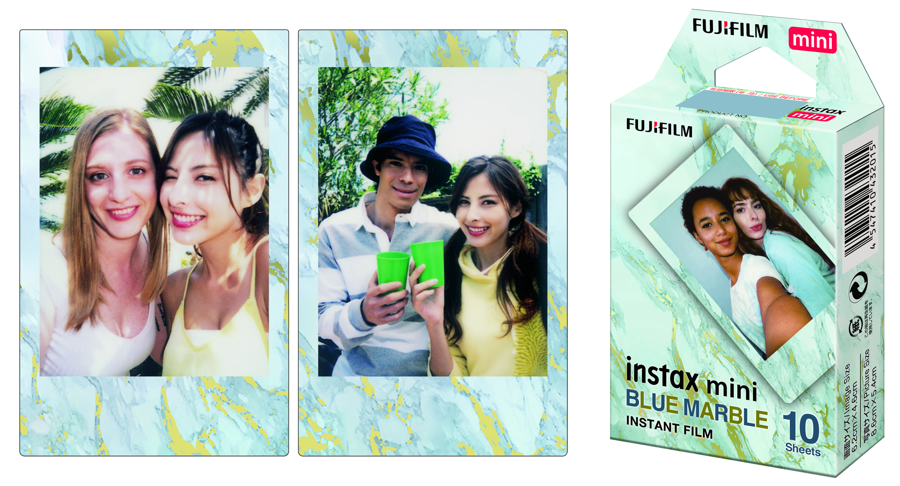 Fujifilm Instax Mini film paketi ve renkli arka planlara sahip iki kişinin fotoğrafı.